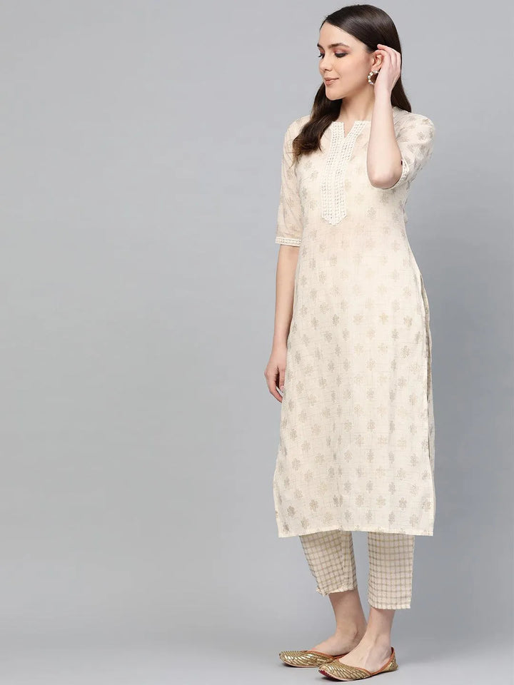 White Printed Cotton Kurta Set - Libas