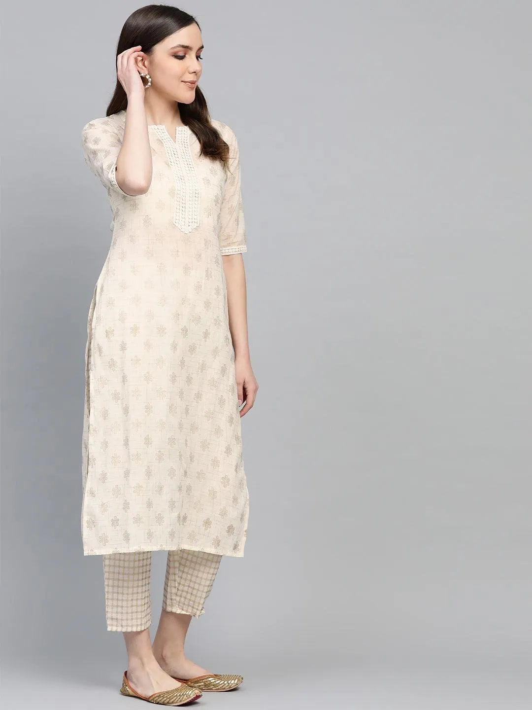 White Printed Cotton Kurta Set - Libas