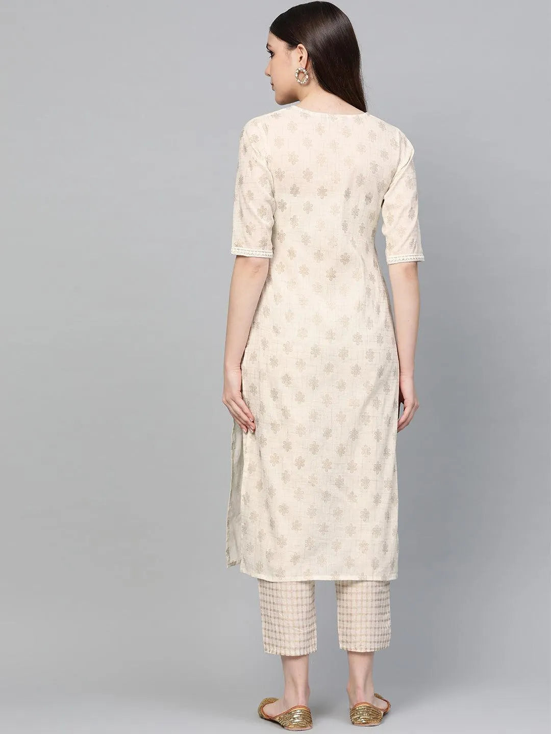 White Printed Cotton Kurta Set - Libas