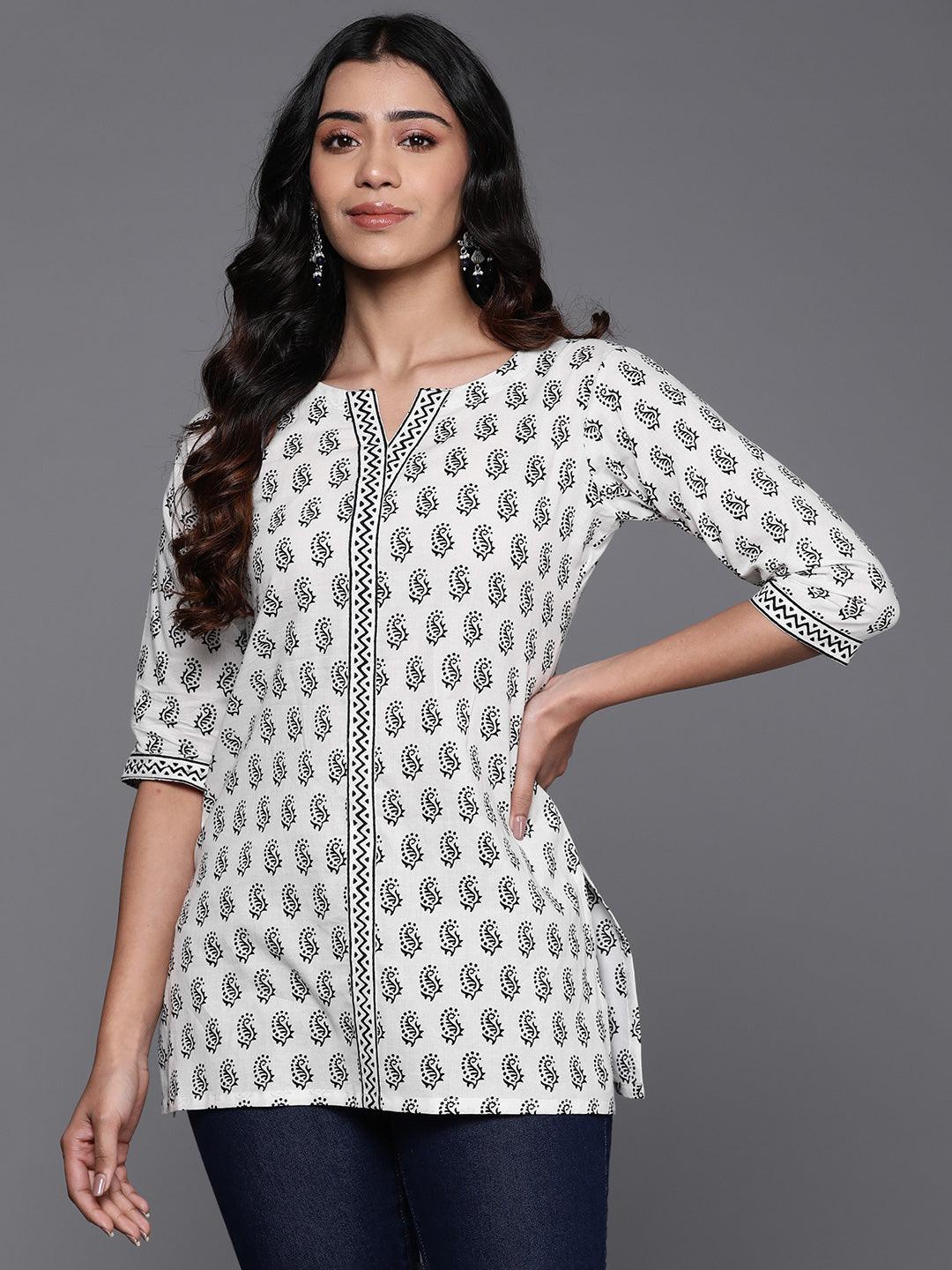 White Printed Cotton Straight Kurti - Libas 