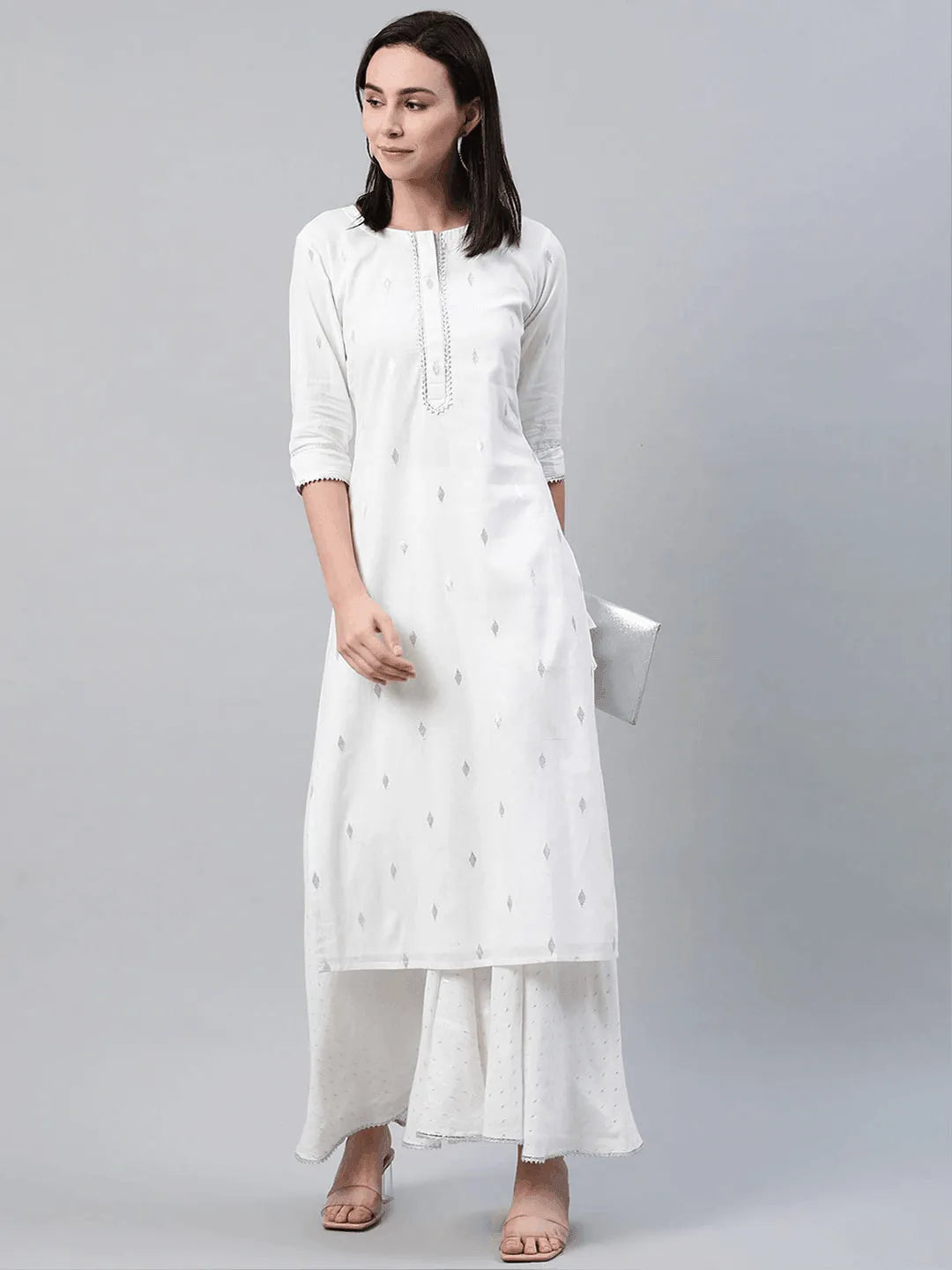 White Self Design Cotton Palazzos - Libas 