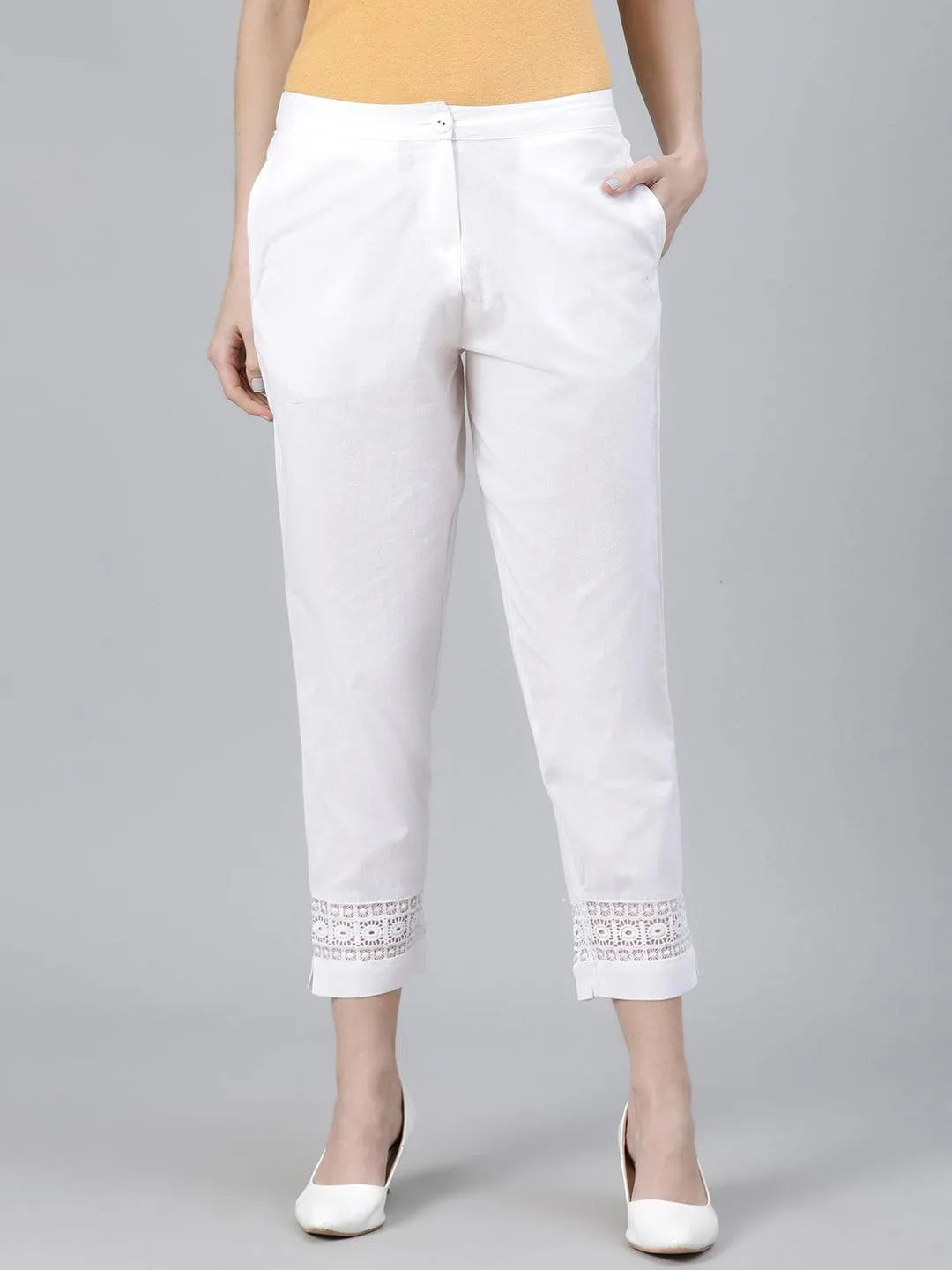 White Solid Cotton Palazzos - Libas