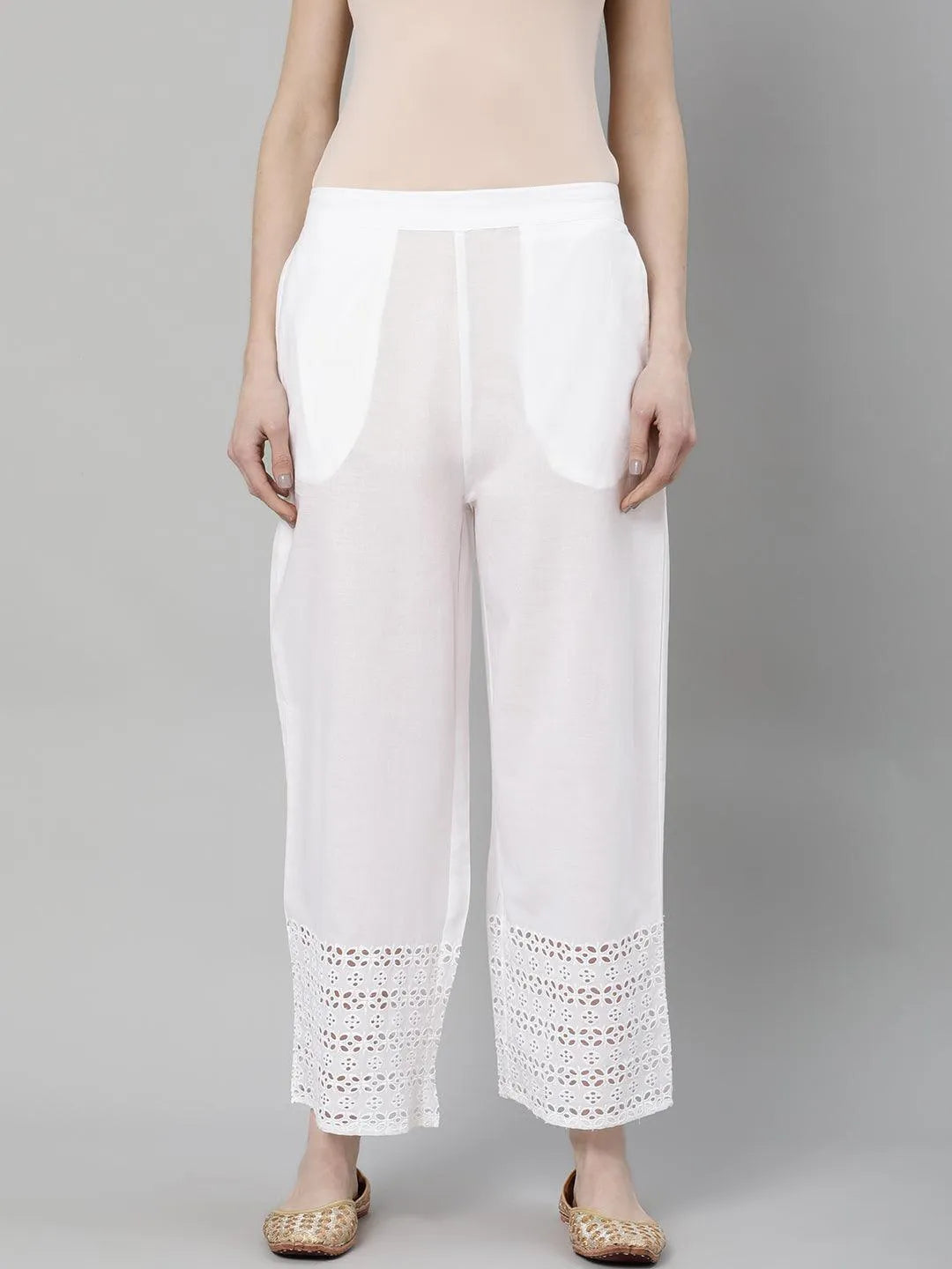 White Solid Cotton Palazzos - Libas 