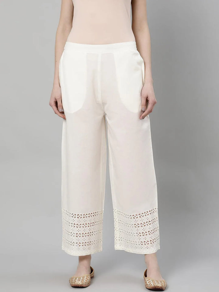 White Solid Cotton Palazzos - Libas