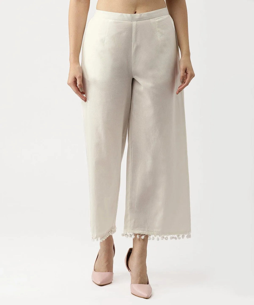 White Solid Cotton Palazzos - Libas 