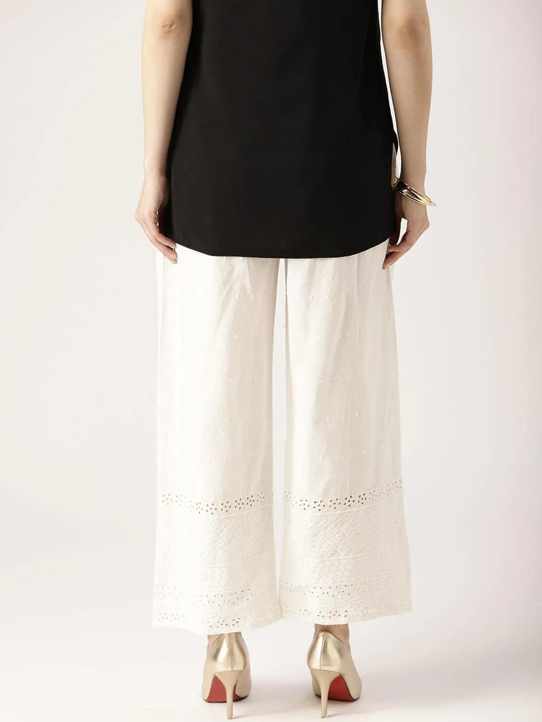 White Solid Cotton Palazzos - Libas 