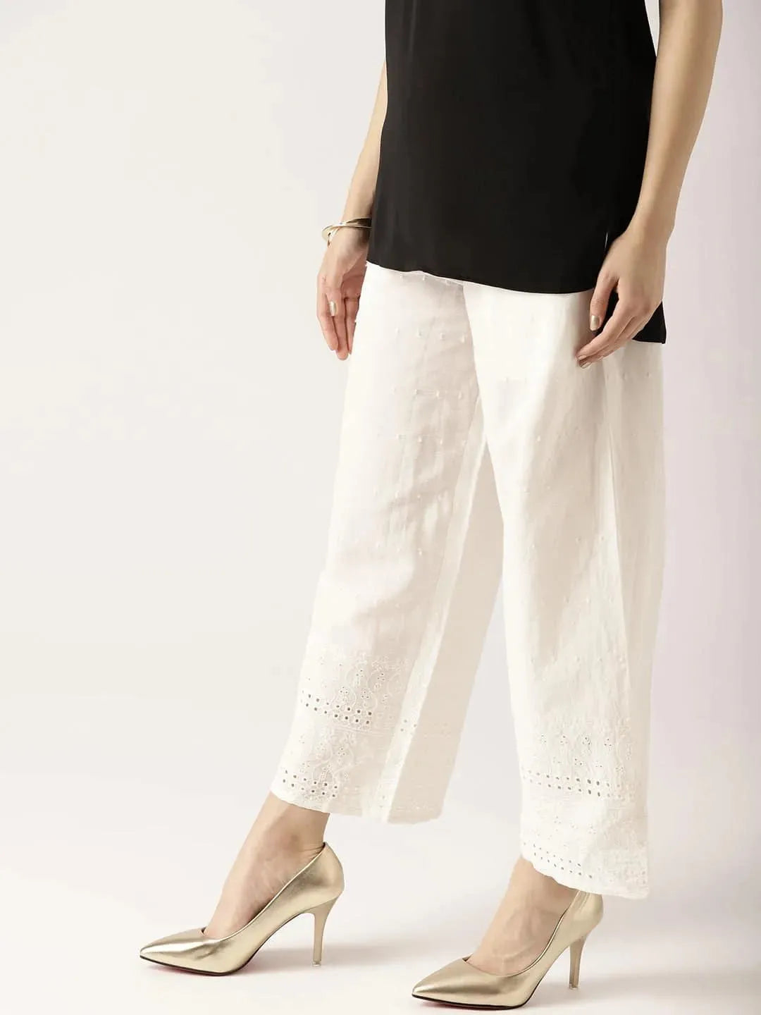 White Solid Cotton Palazzos - Libas 