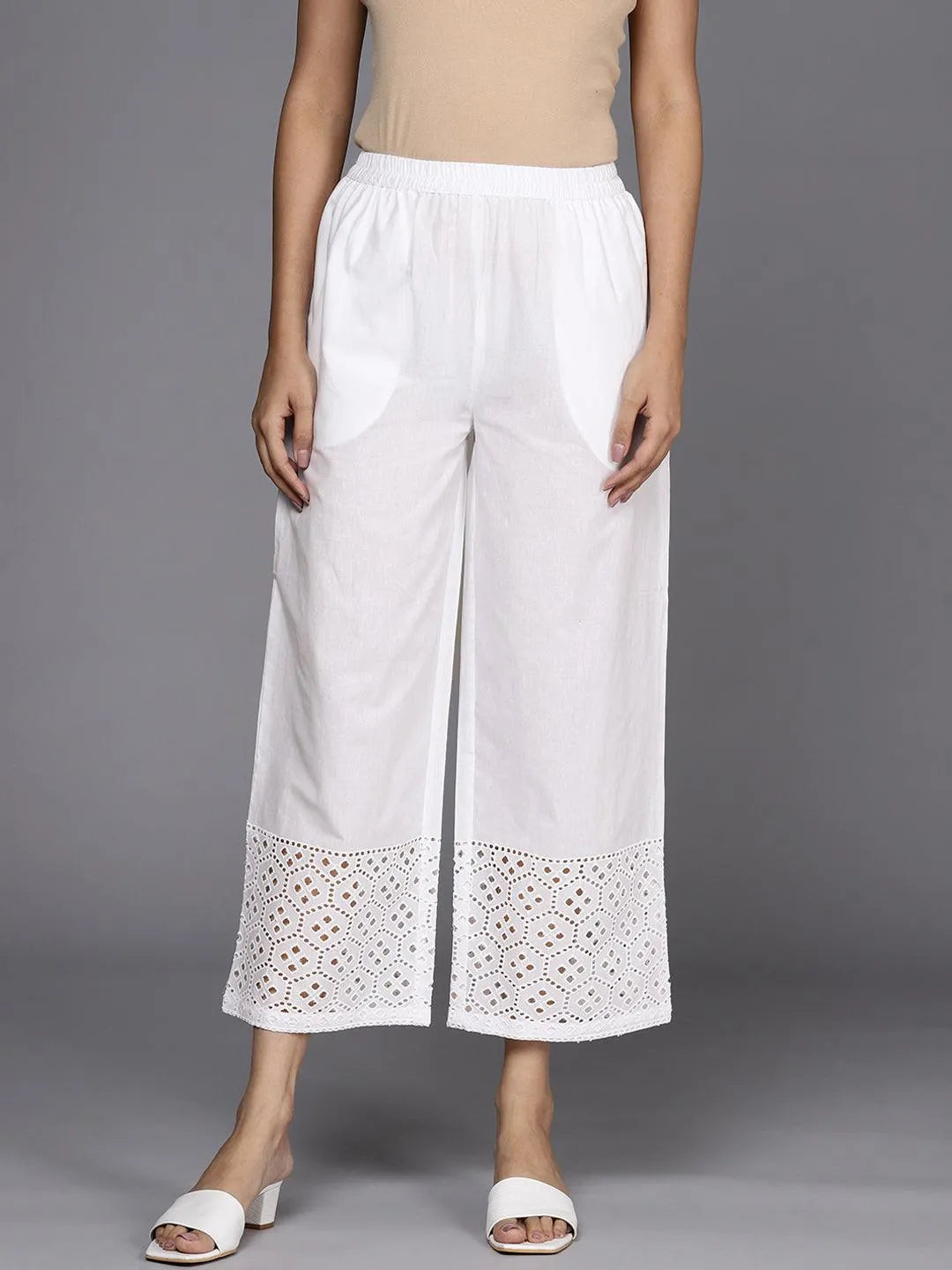 White Solid Cotton Palazzos - Libas