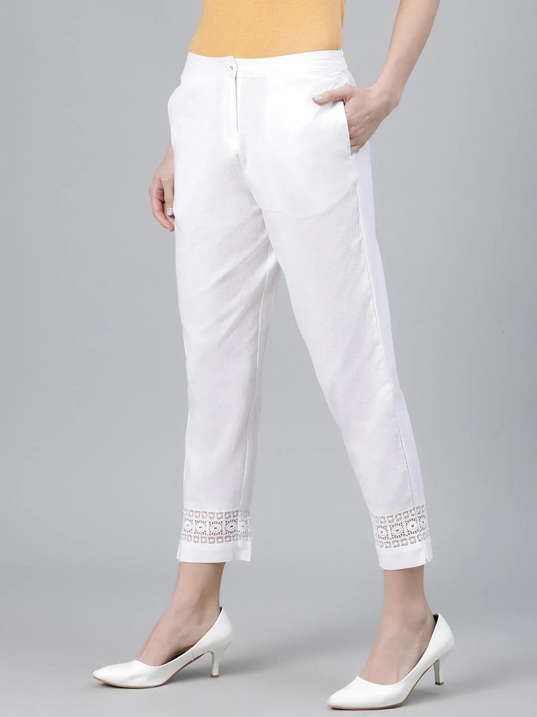 White Solid Cotton Palazzos - Libas