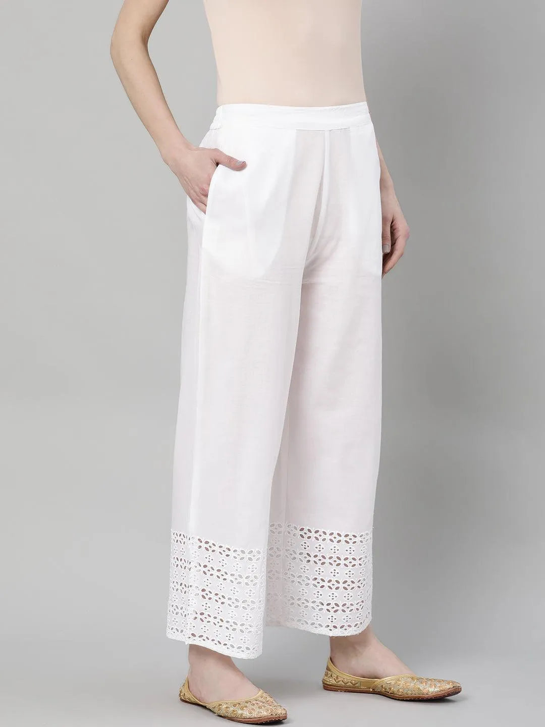 White Solid Cotton Palazzos - Libas 