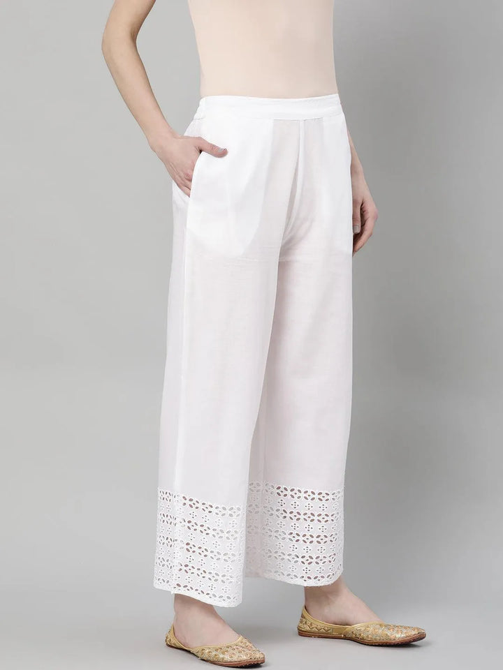 White Solid Cotton Palazzos - Libas