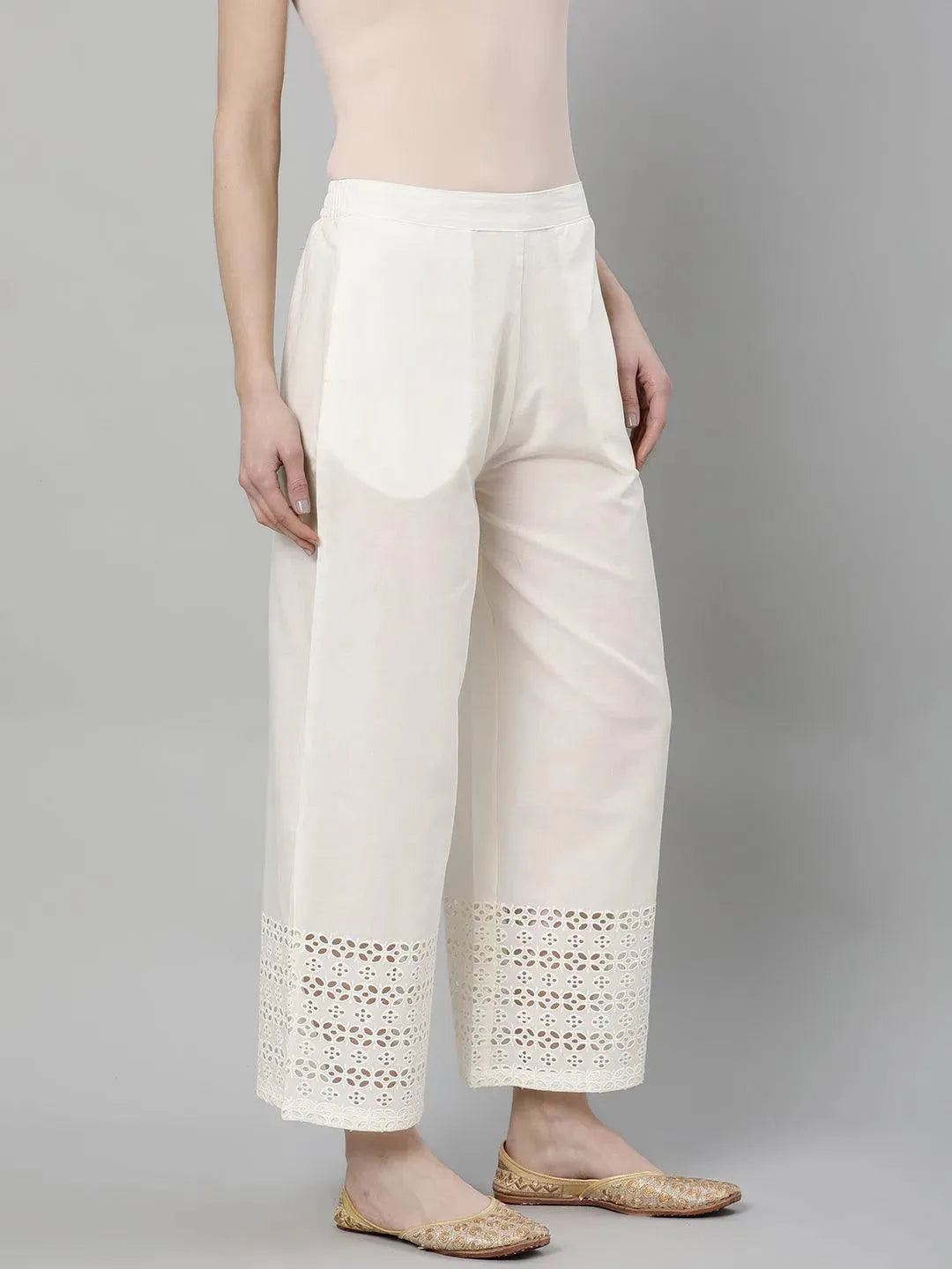 White Solid Cotton Palazzos - Libas 