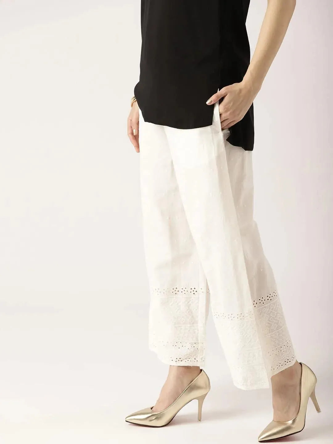 White Solid Cotton Palazzos - Libas