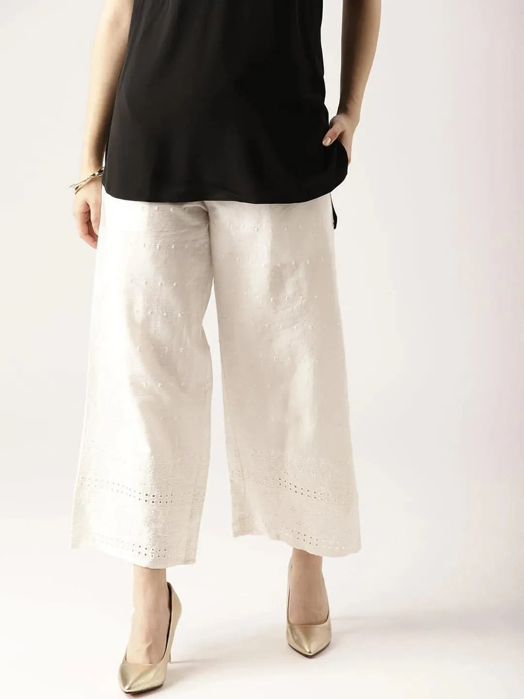 White Solid Cotton Palazzos - Libas 