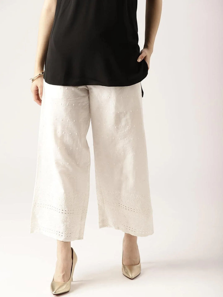 White Solid Cotton Palazzos - Libas