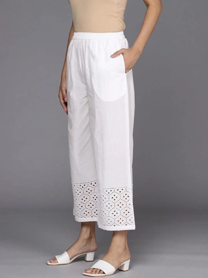 White Solid Cotton Palazzos - Libas