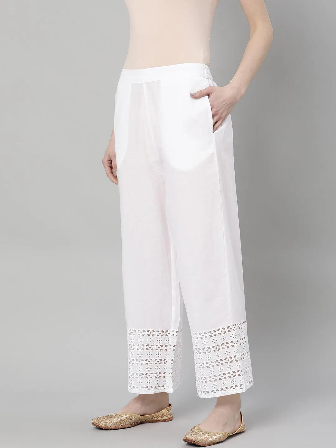 White Solid Cotton Palazzos - Libas 