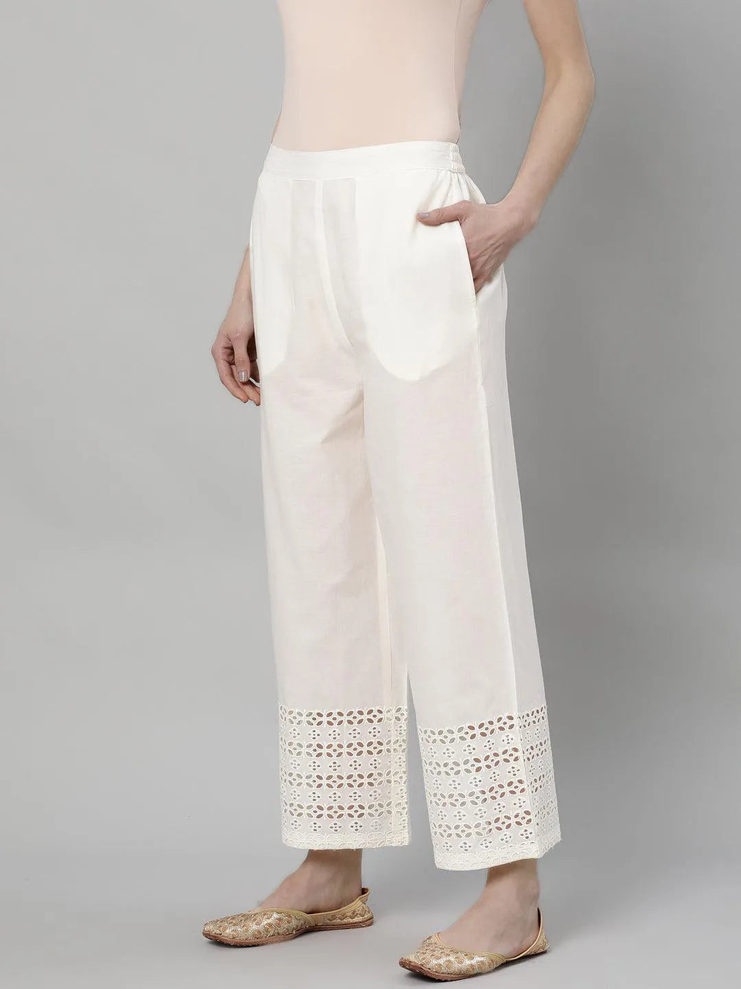 White Solid Cotton Palazzos - Libas 