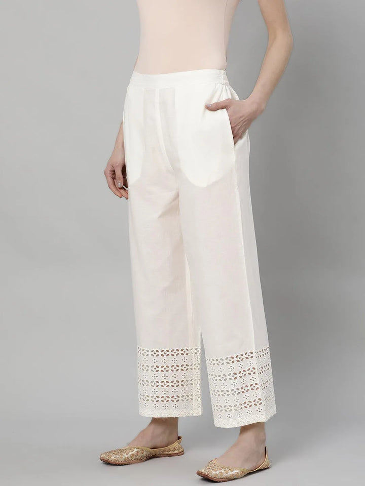 White Solid Cotton Palazzos - Libas