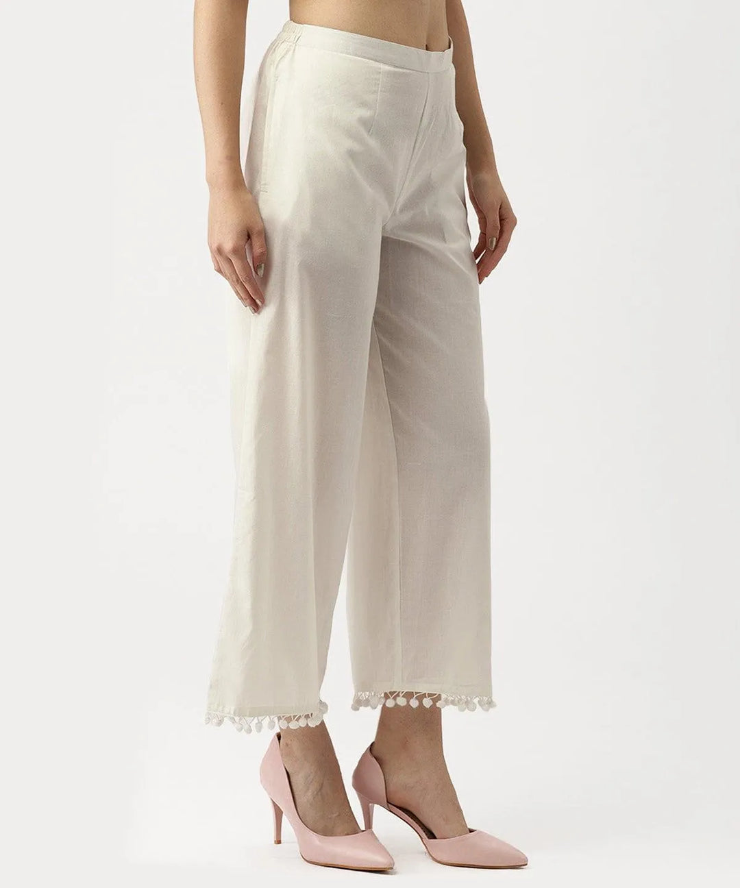 White Solid Cotton Palazzos - Libas