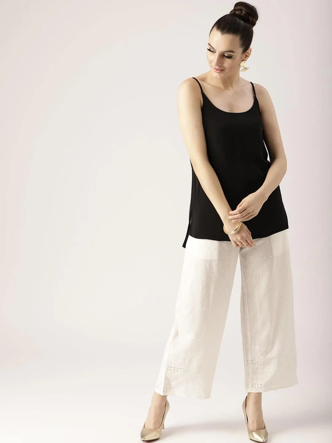 White Solid Cotton Palazzos - Libas 