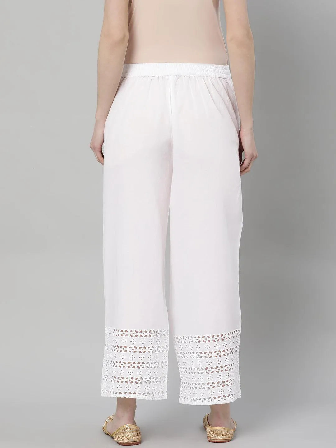 White Solid Cotton Palazzos - Libas 