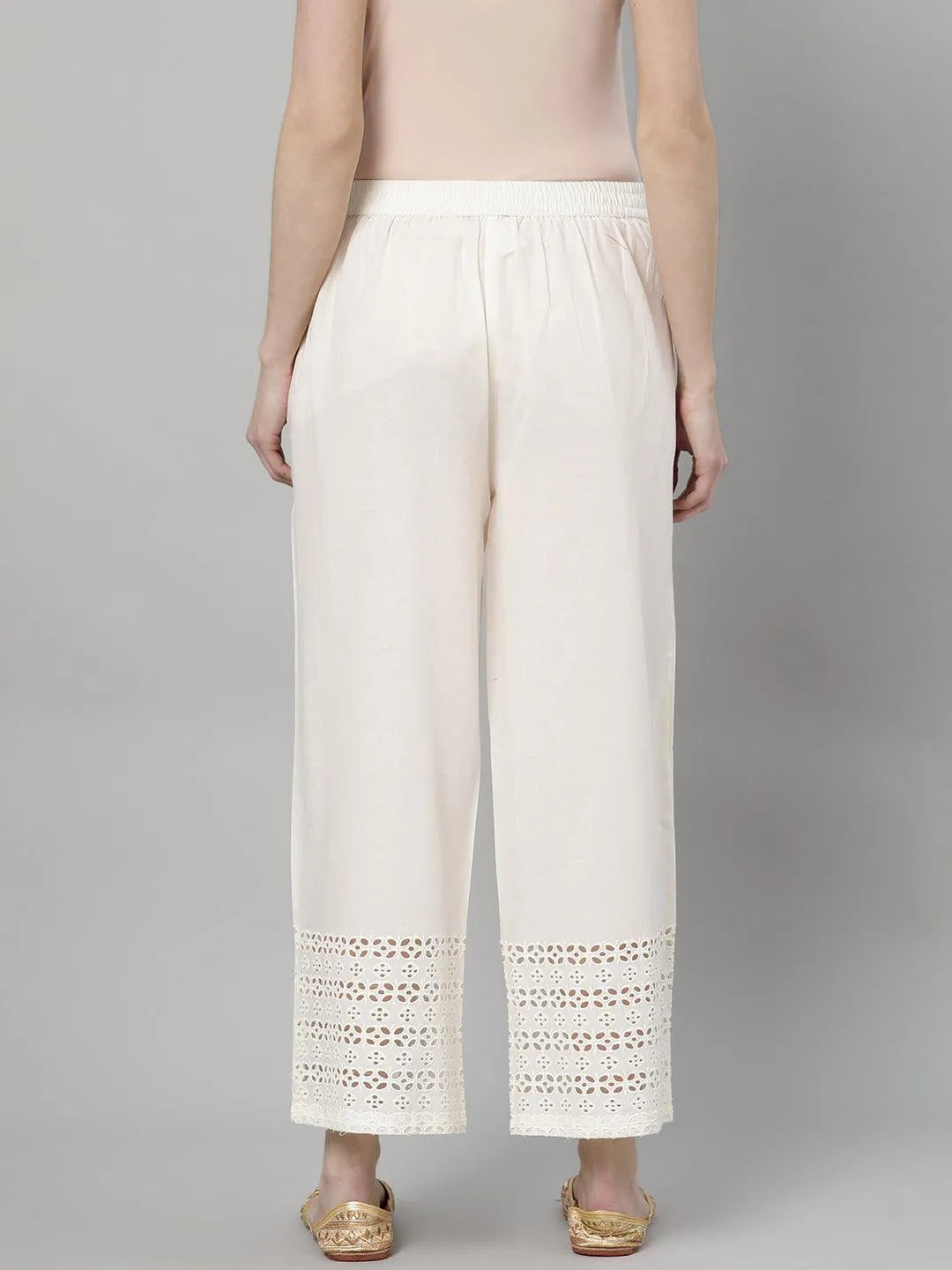 White Solid Cotton Palazzos - Libas 