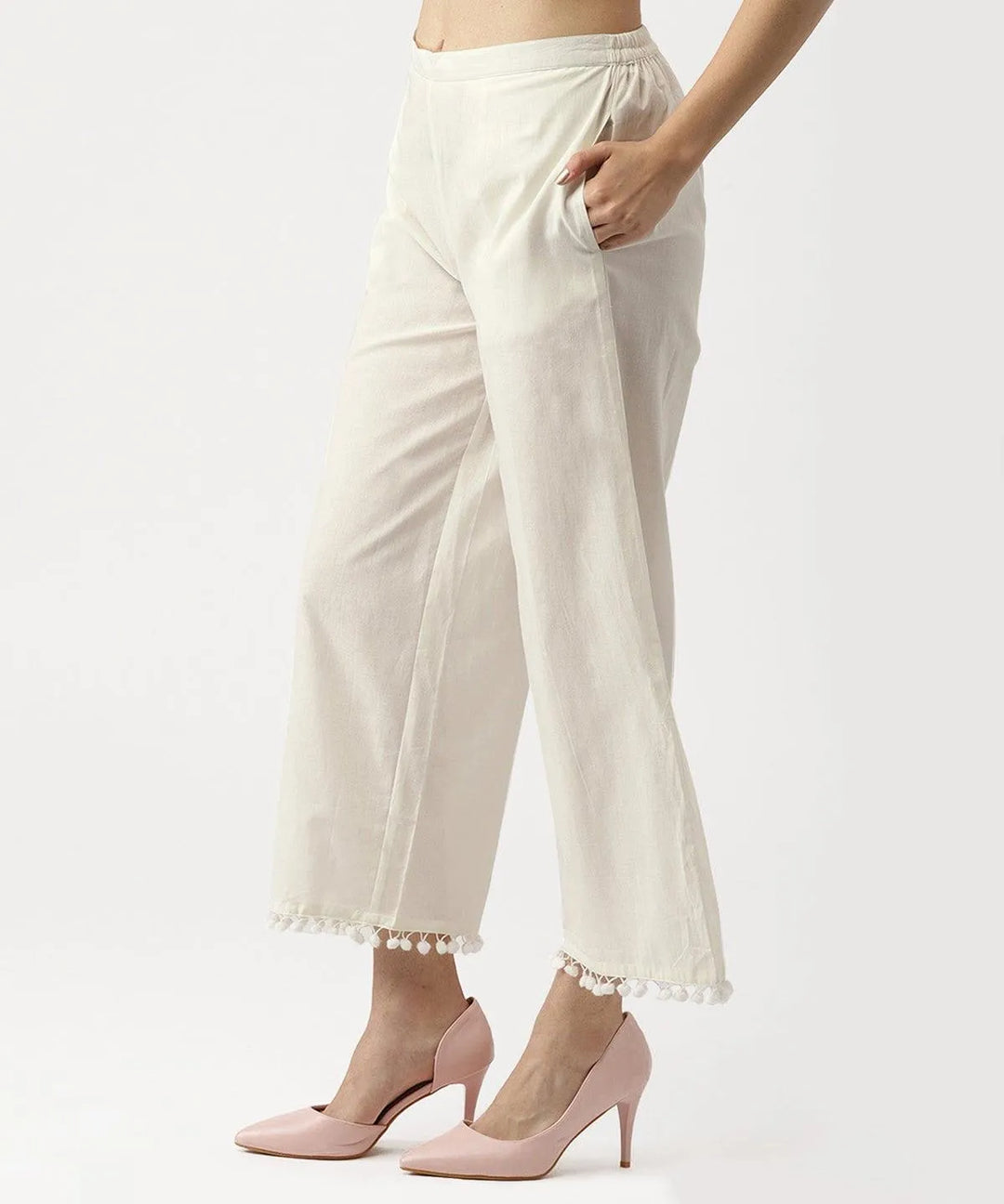 White Solid Cotton Palazzos - Libas 