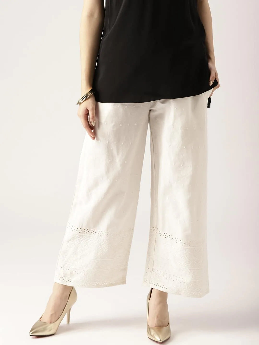 White Solid Cotton Palazzos - Libas 