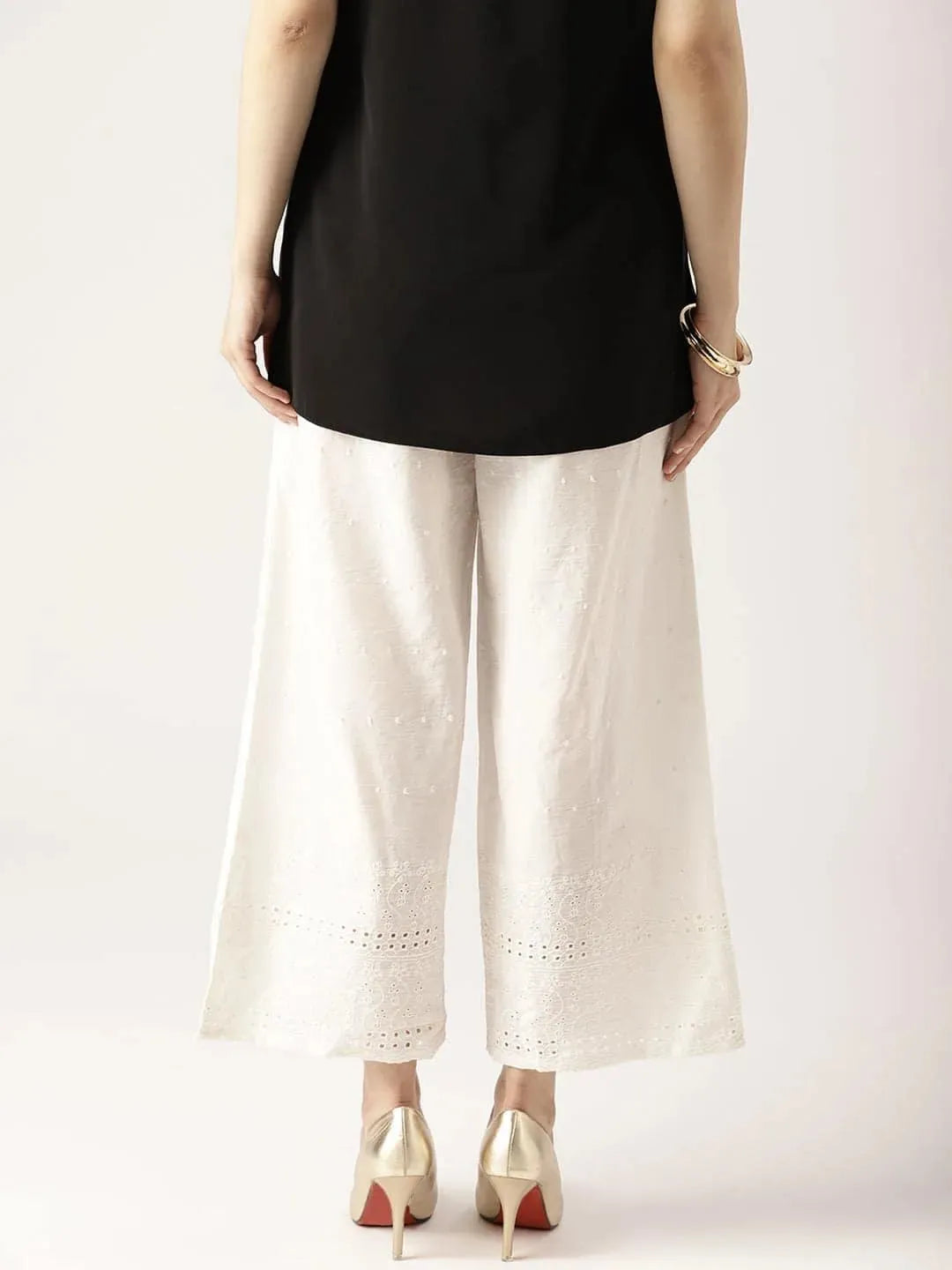 White Solid Cotton Palazzos - Libas