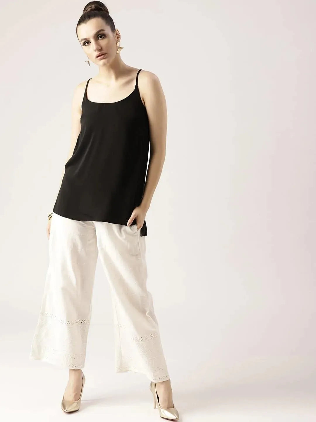 White Solid Cotton Palazzos - Libas 