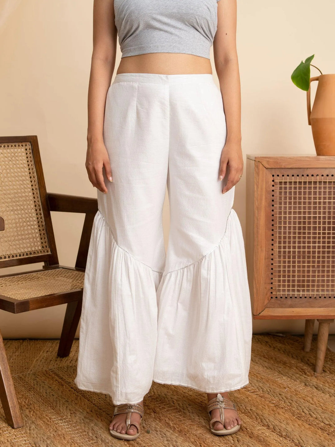 White Solid Cotton Sharara Pants - Libas