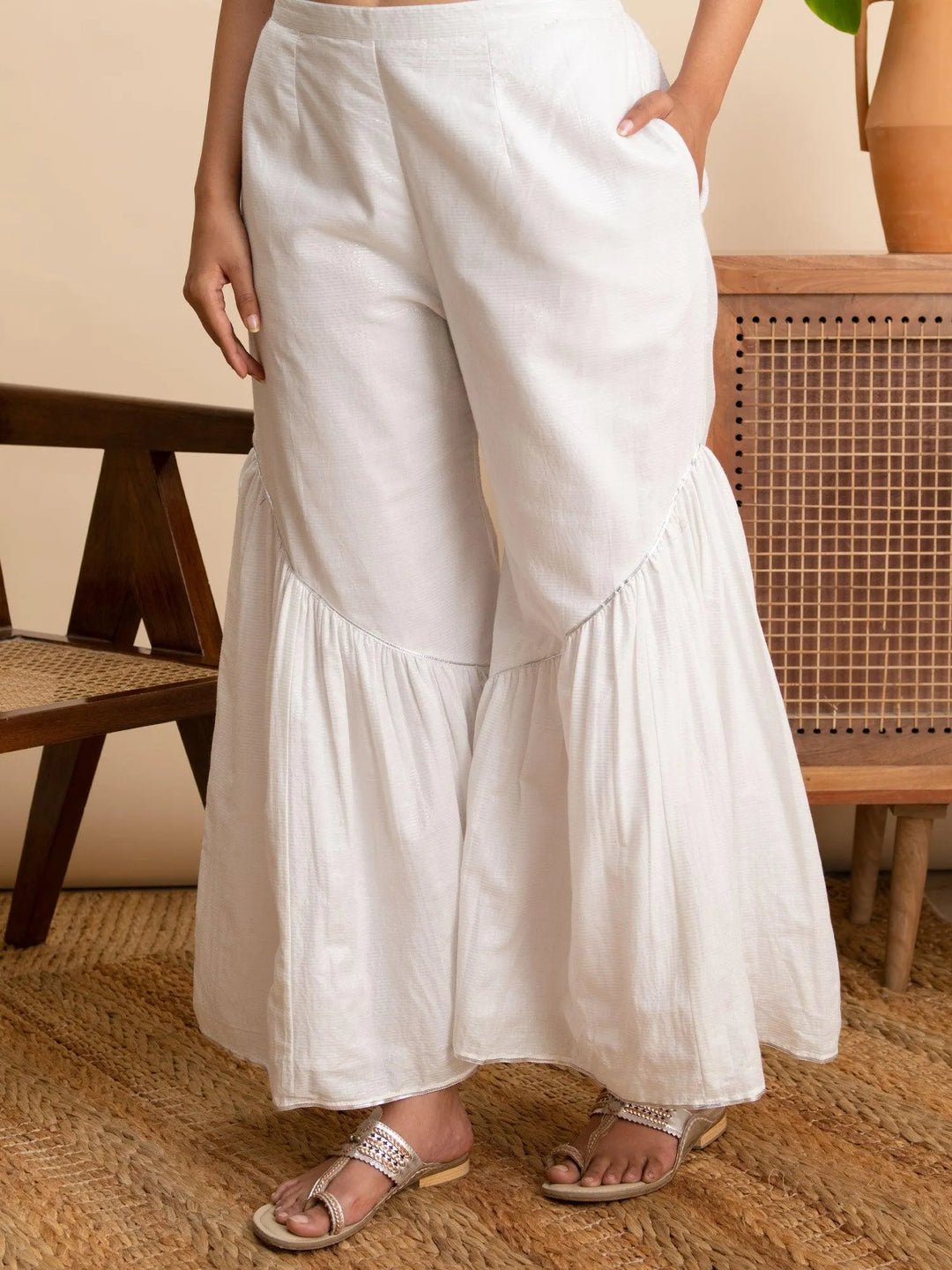 White Solid Cotton Sharara Pants - Libas