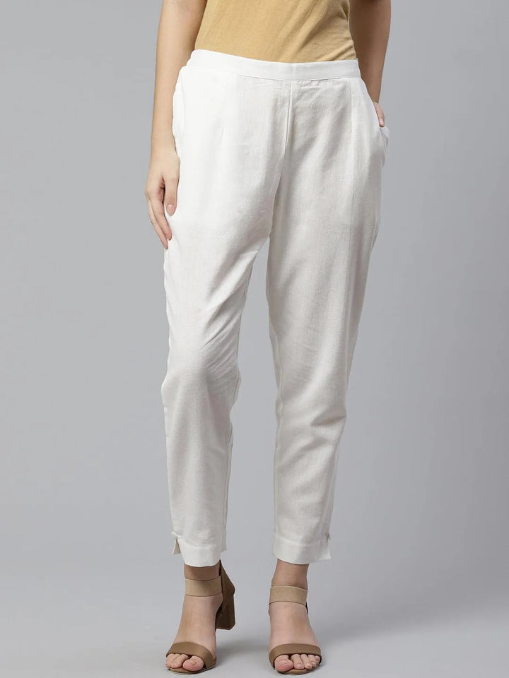 White Solid Cotton Trousers - Libas