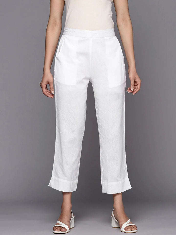 White Solid Cotton Trousers - Libas