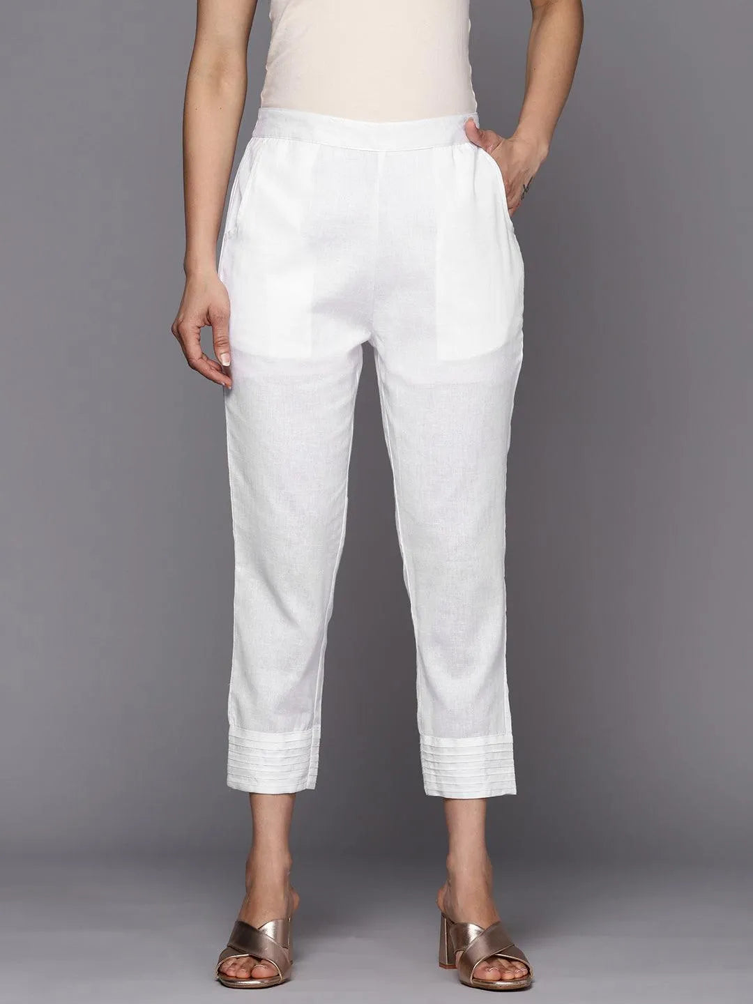 White Solid Cotton Trousers - Libas 