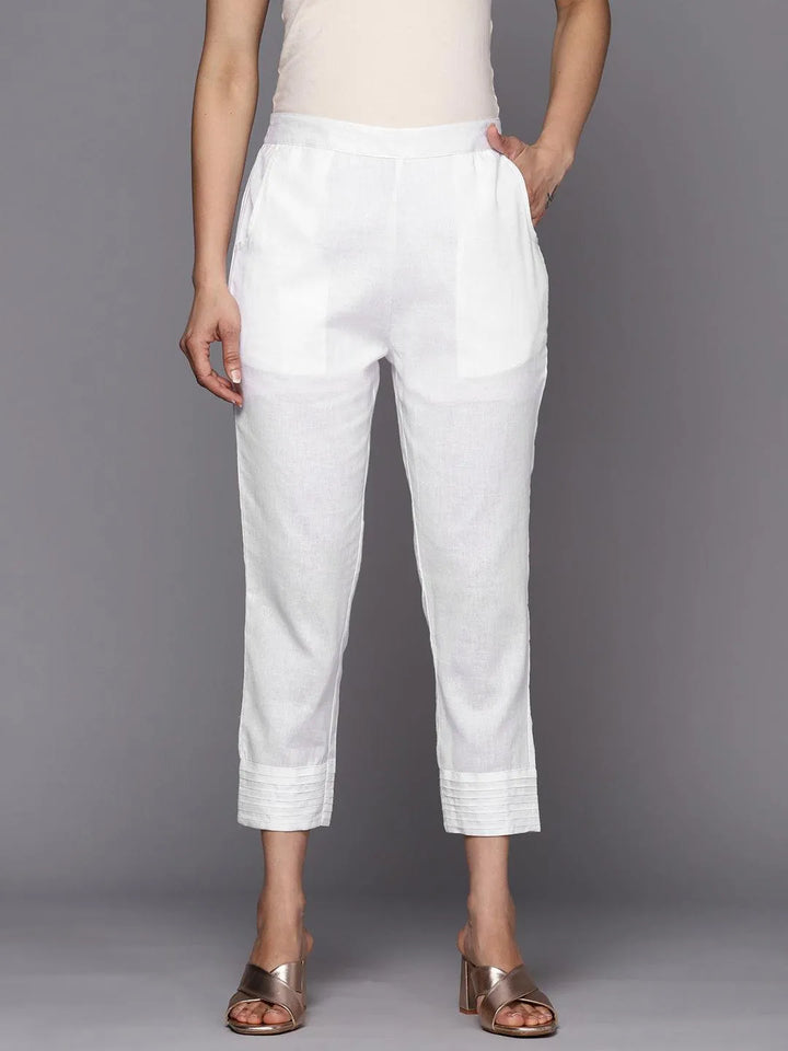 White Solid Cotton Trousers - Libas