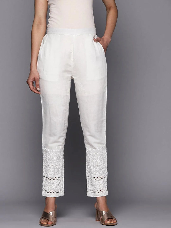 White Solid Cotton Trousers - Libas