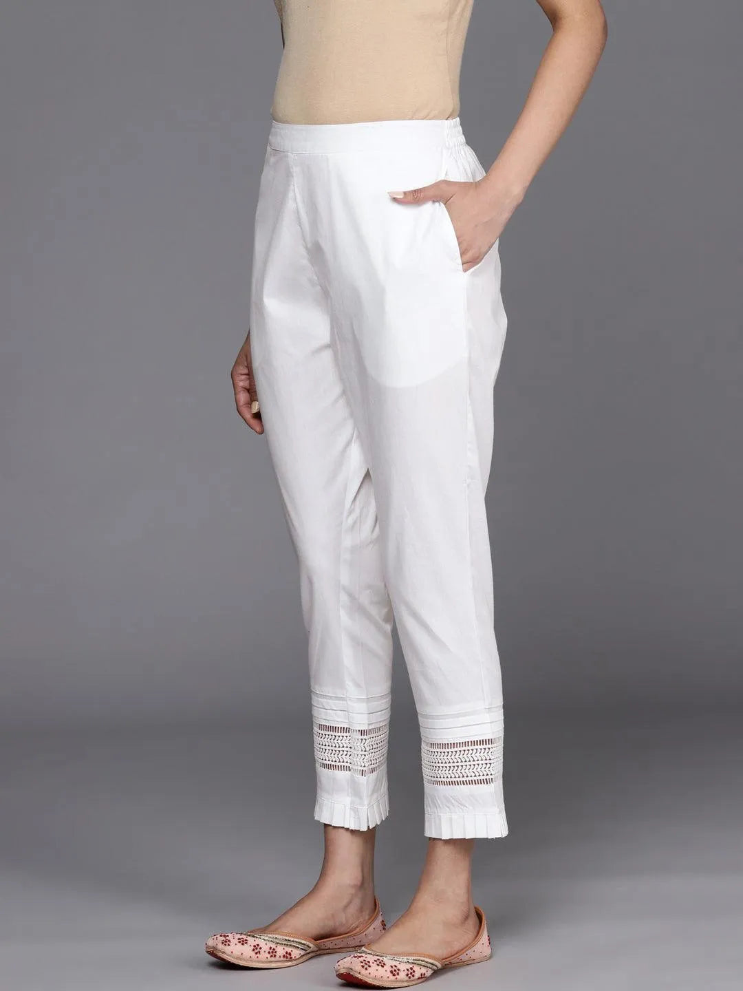 White Solid Cotton Trousers - Libas