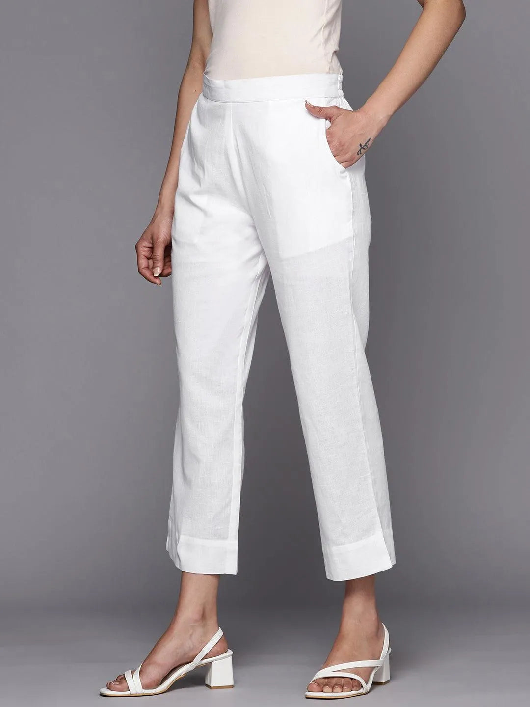 White Solid Cotton Trousers - Libas 