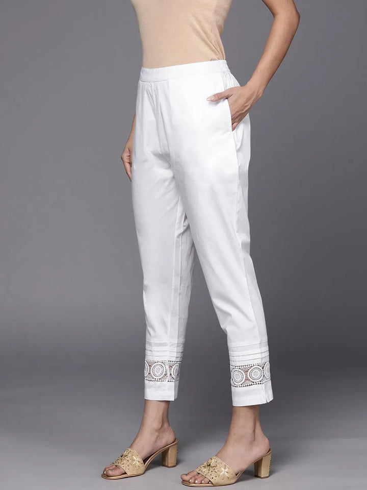 White Solid Cotton Trousers - Libas