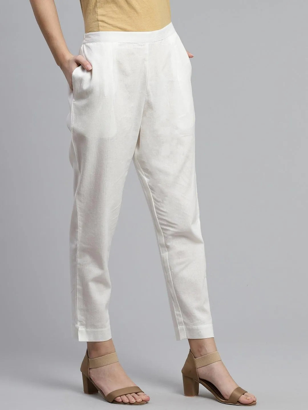 White Solid Cotton Trousers - Libas 