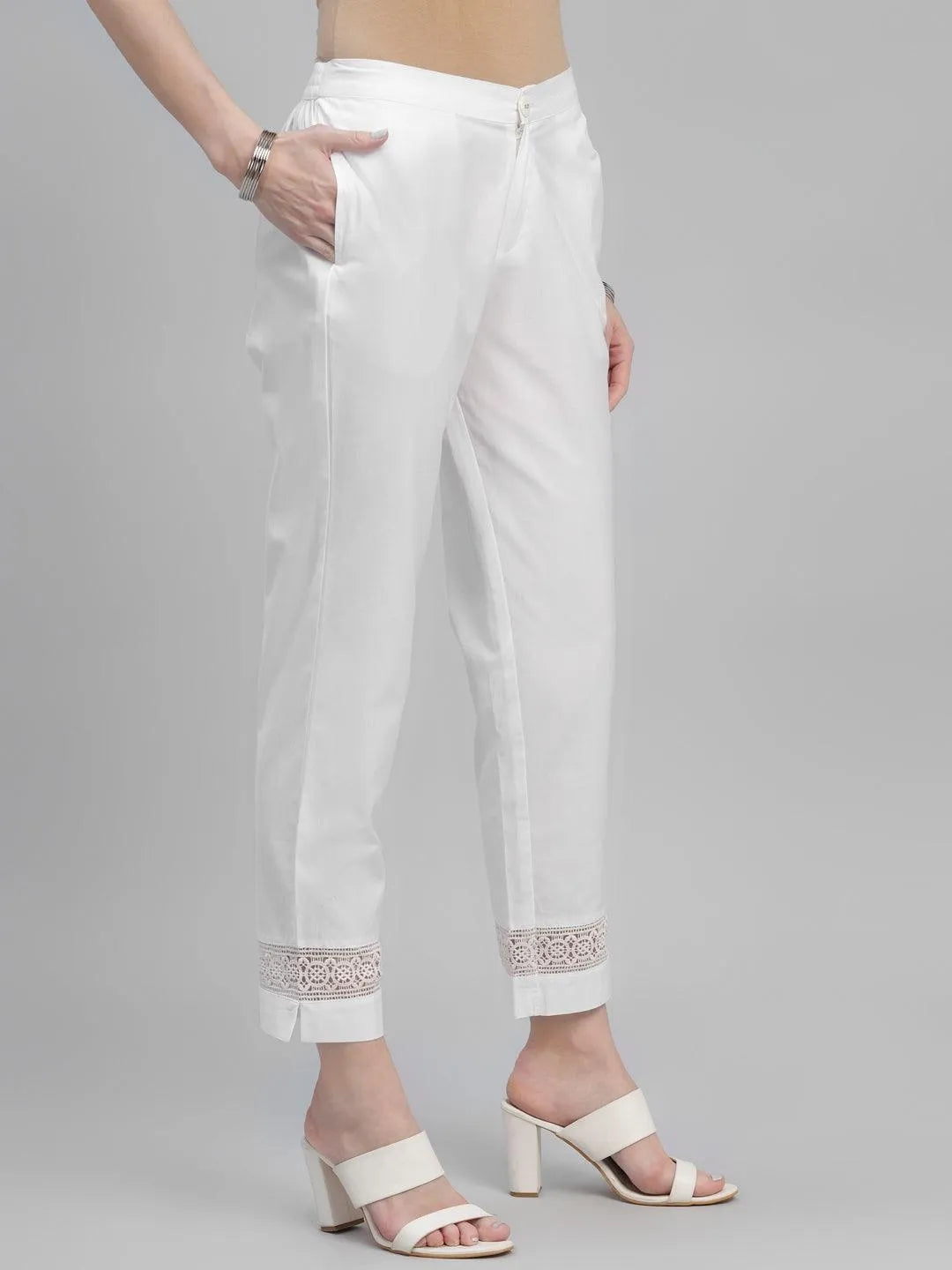 White Solid Cotton Trousers - Libas 