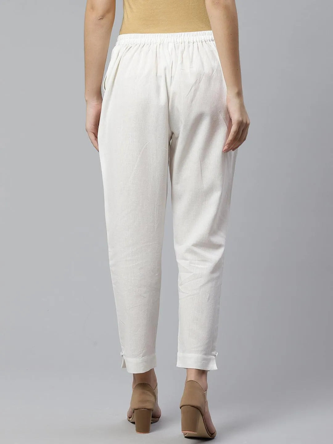 White Solid Cotton Trousers - Libas 