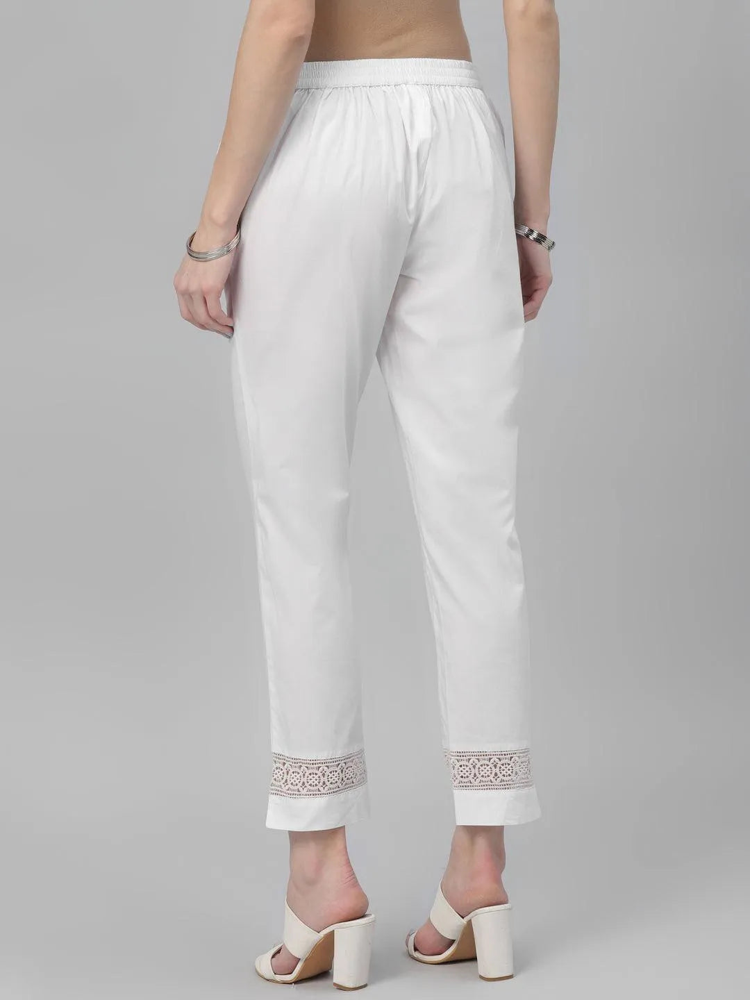 White Solid Cotton Trousers - Libas 