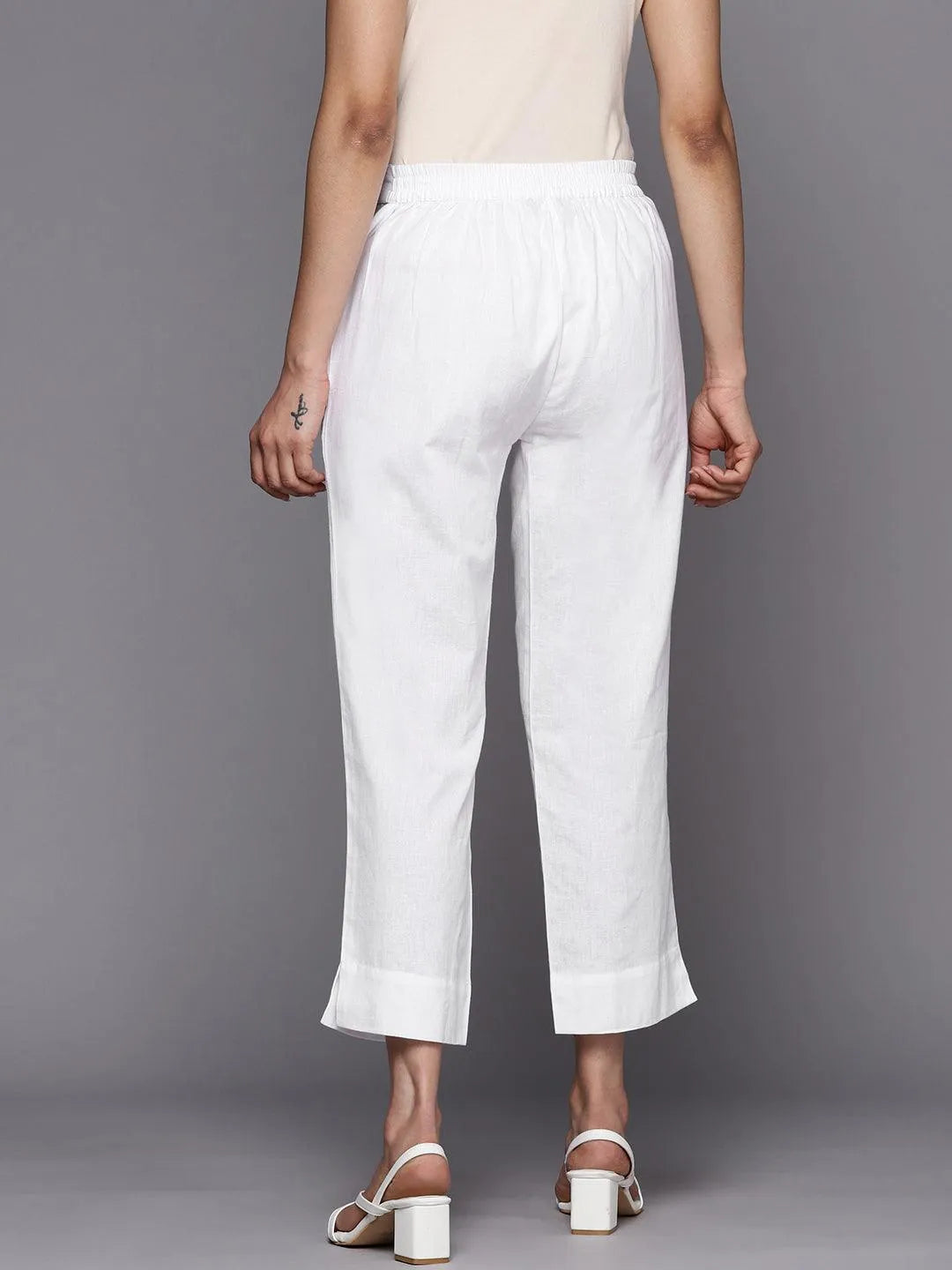 White Solid Cotton Trousers - Libas 