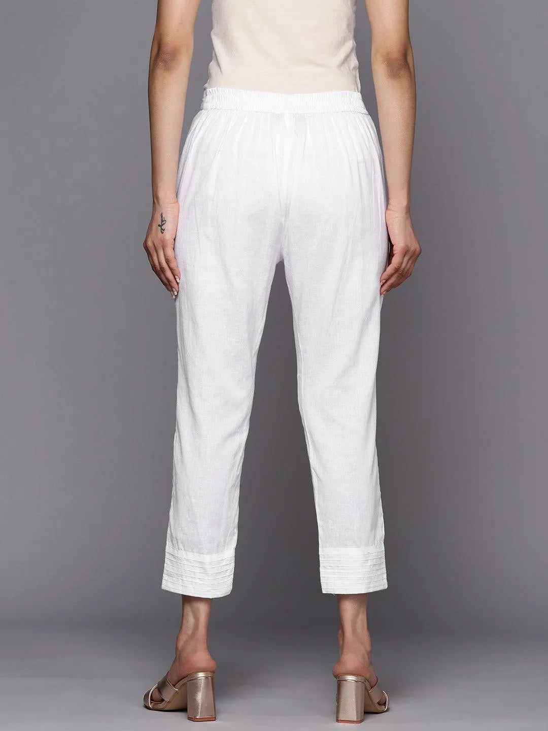 White Solid Cotton Trousers - Libas 