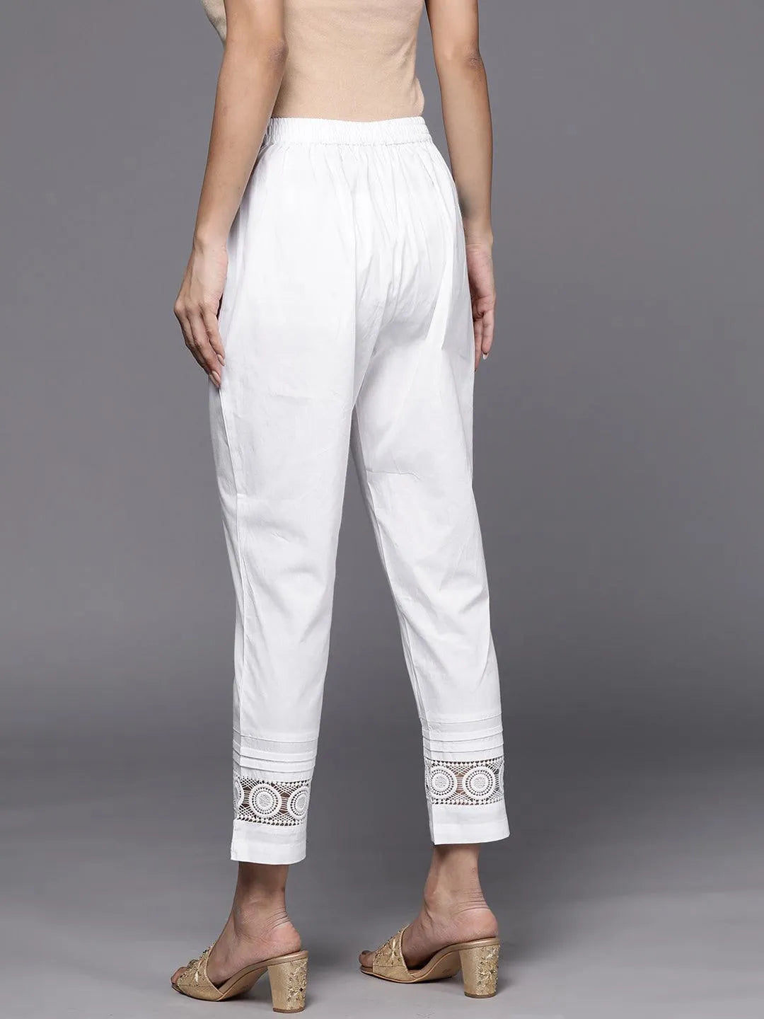 White Solid Cotton Trousers - Libas