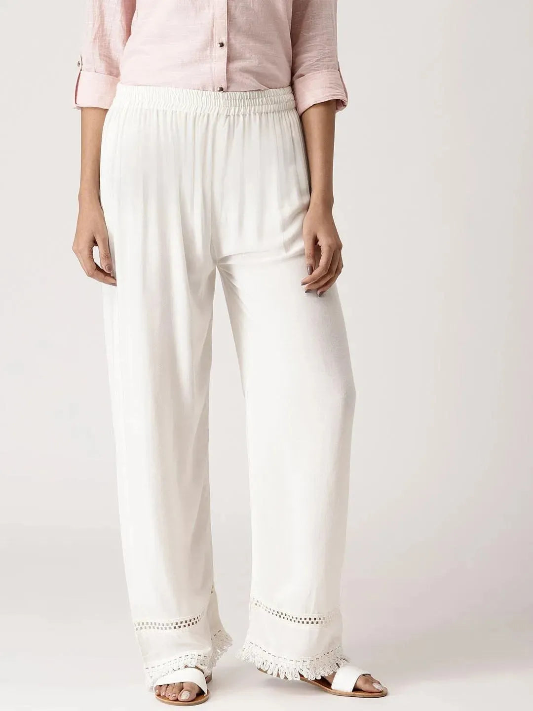 White Solid Rayon Palazzos - Libas 