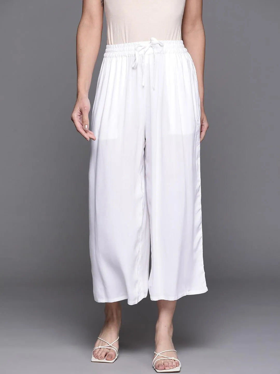 White Solid Rayon Palazzos - Libas 